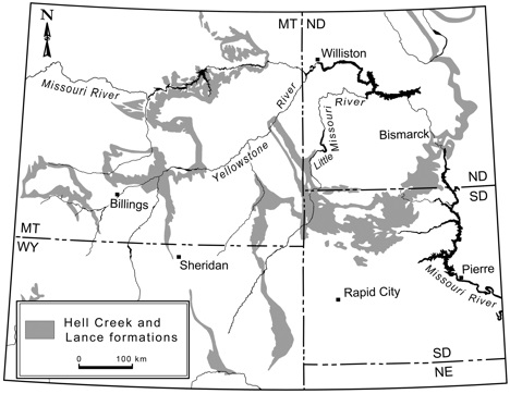 Map of Hell Creek and Lance Formations